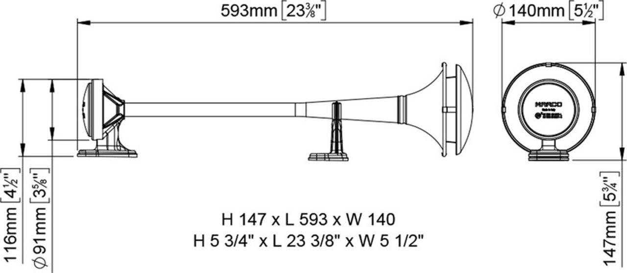 Compressed air single horn stainless steel 53 cm + solenoid valve 24 volt + tube