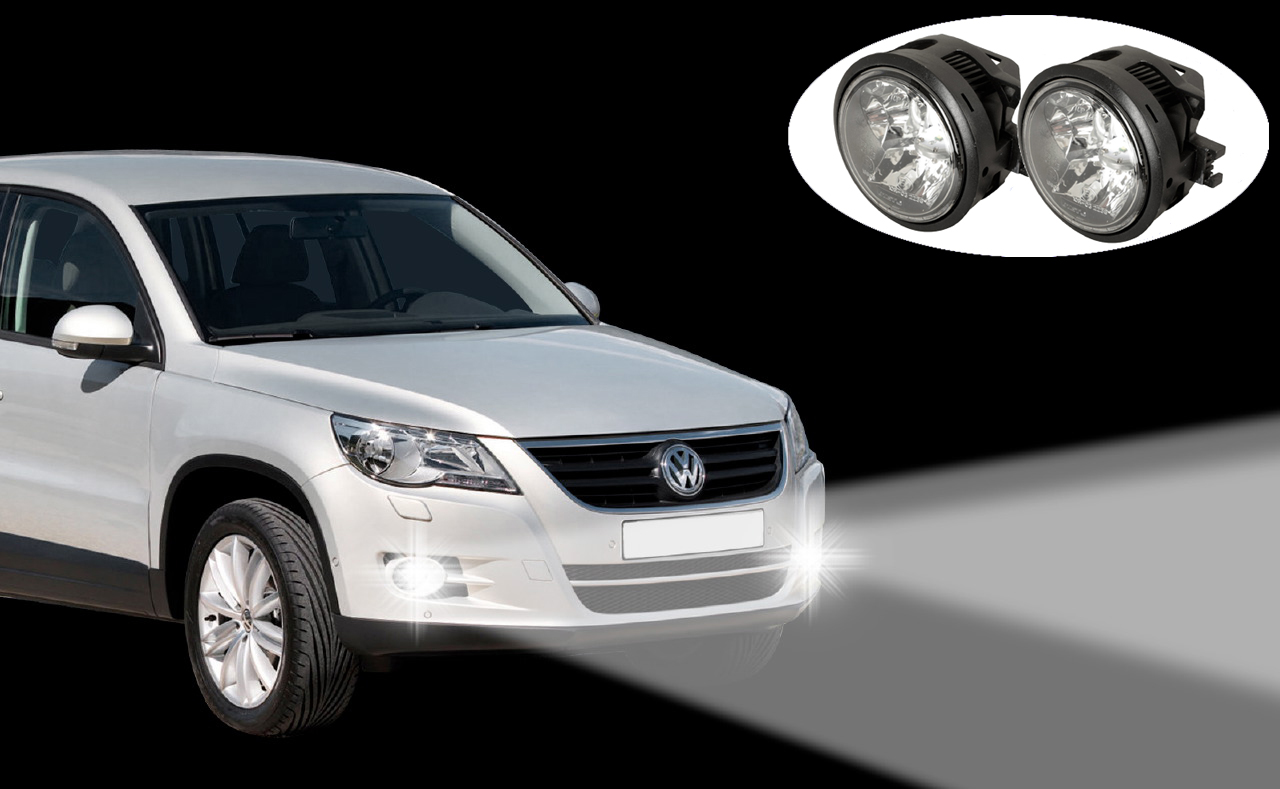 LED Einbau Tagfahrlichter + Nebelscheinwerfer 90 mm passend für VW Tiguan (2007-2011) mit serienmäßigen Nebelscheinwerfern