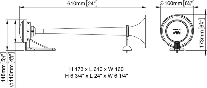 Compressed air single horn 60 cm + 12 V solenoid valve + hose