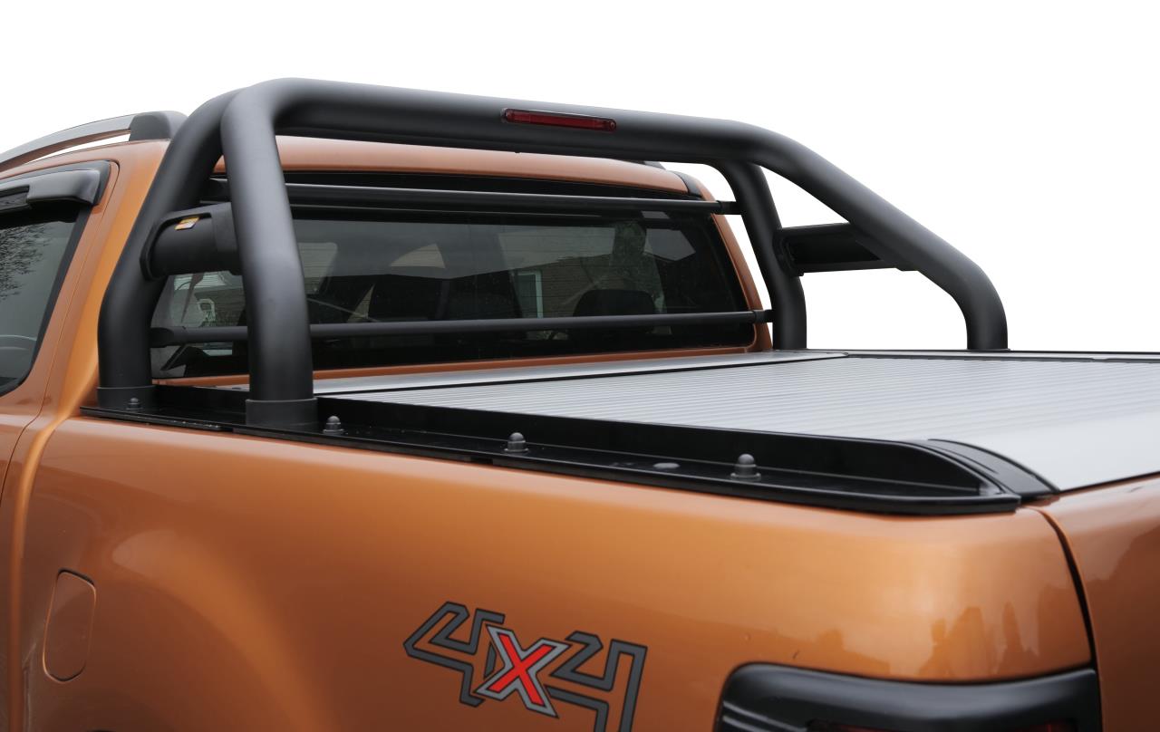 Schwarz matter Überrollbügel + Set Montageschienen Rollcover passend für Ford Ranger (2016-2022) & Ranger Raptor (2019-2022)