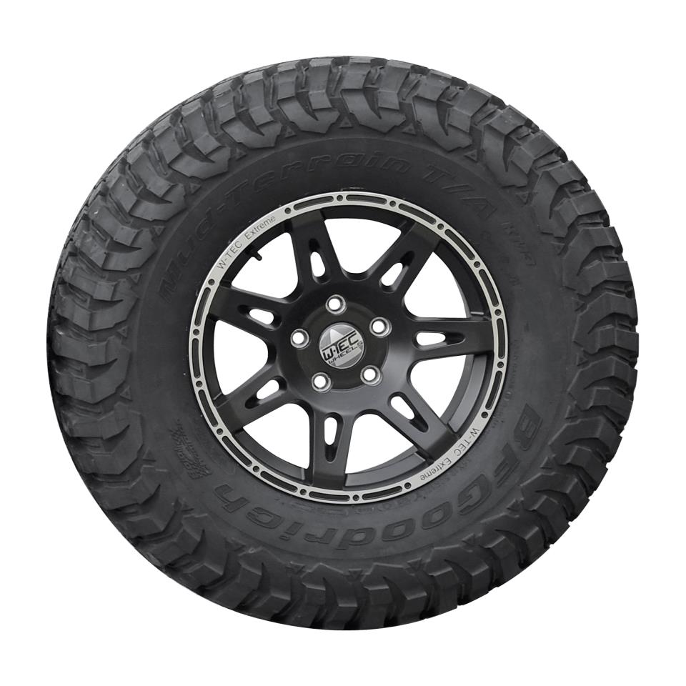 Kompletträder W-TEC Extreme 8,5x17 schwarz-silber mit Reifen 35x12,5R17 BF Goodrich Mud Terrain passend für Jeep Wrangler JL (2018-)
