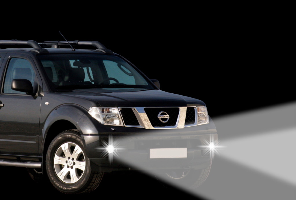 LED Einbau Tagfahrlichter + Nebelscheinwerfer 90 mm passend für diverse Nissan Modelle mit serienmäßigen Nebelscheinwerfern
