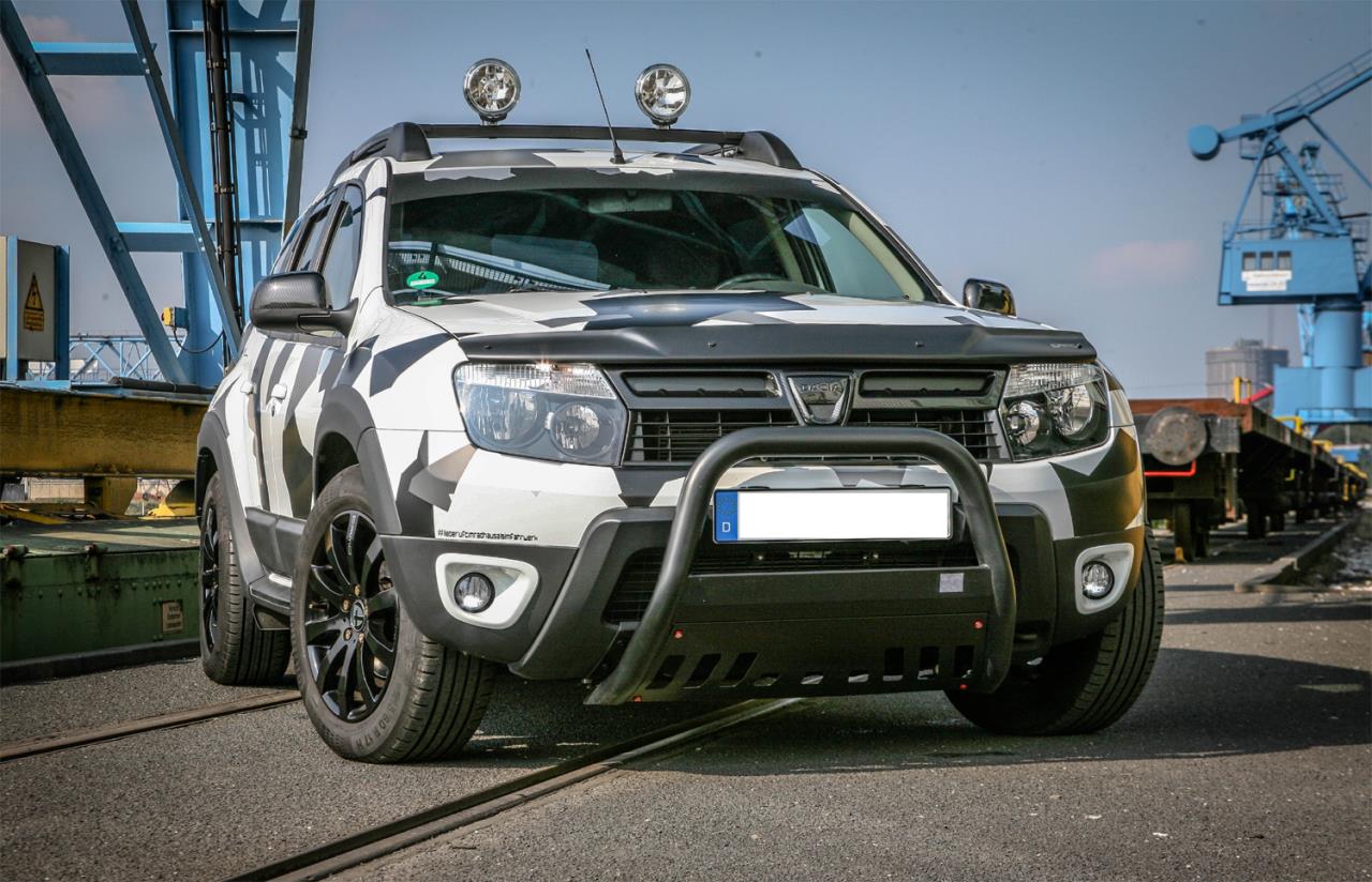 Black powder coated bullbar with skid plate suitable for Dacia Duster SD (2010-2017)