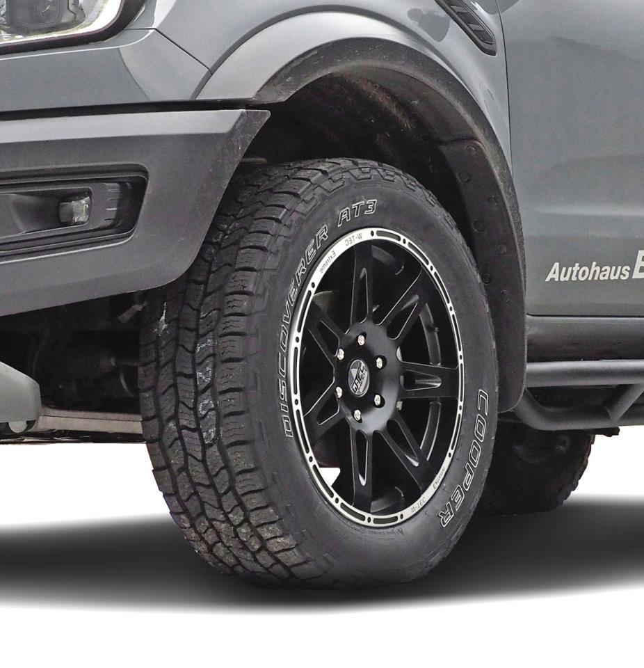 Kompletträder W-TEC Extreme 8,5x20 schwarz-silber mit Reifen 275/55R20 Cooper Discoverer AT3 passend für Ford Ranger (2023-)