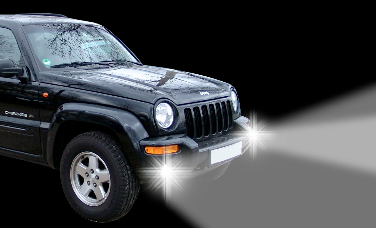 LED Einbau Tagfahrlichter + Nebelscheinwerfer 90 mm passend für Jeep Cherokee KJ (2001-2008) mit serienmäßigen Nebelscheinwerfern