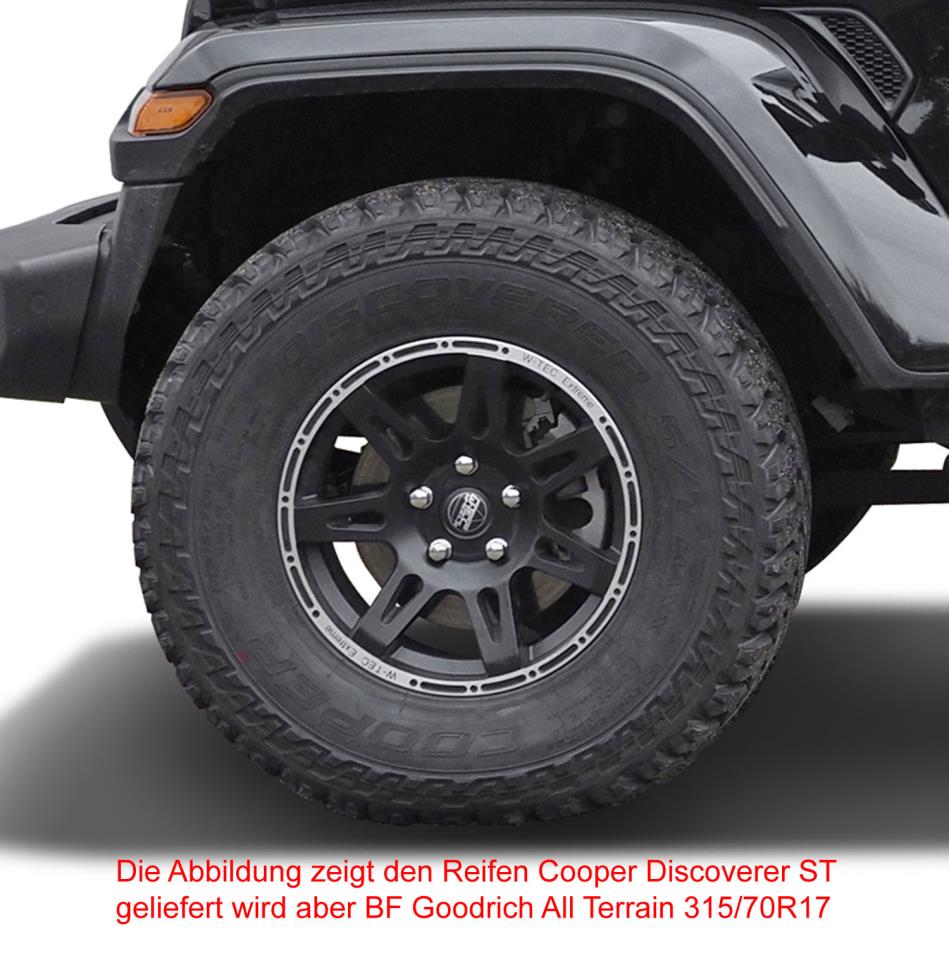 Kompletträder W-TEC Extreme 8,5x17 schwarz-silber mit Reifen 315/70R17 BF Goodrich All Terrain passend für Jeep Wrangler JK (2007-2017)