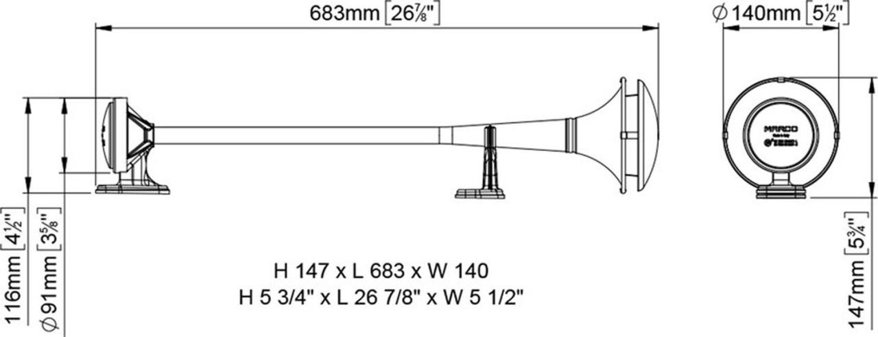 Druckluft Einzelhorn 63 cm mit einem Edelstahl Trichter