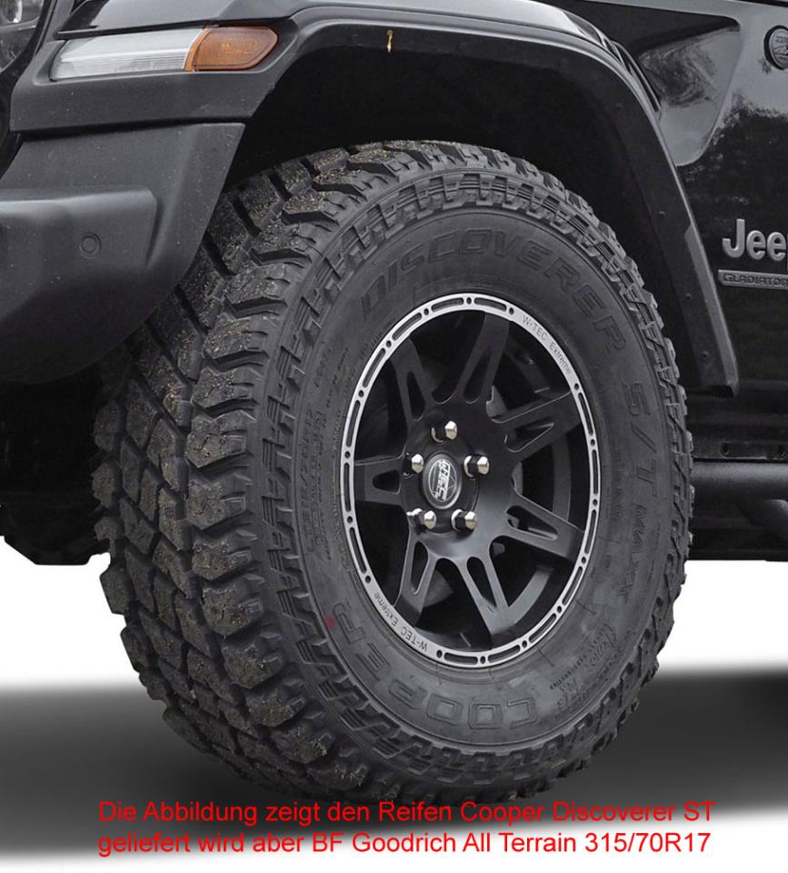 Kompletträder W-TEC Extreme 8,5x17 schwarz-silber mit Reifen 315/70R17 BF Goodrich All Terrain passend für Jeep Wrangler JK (2007-2017)