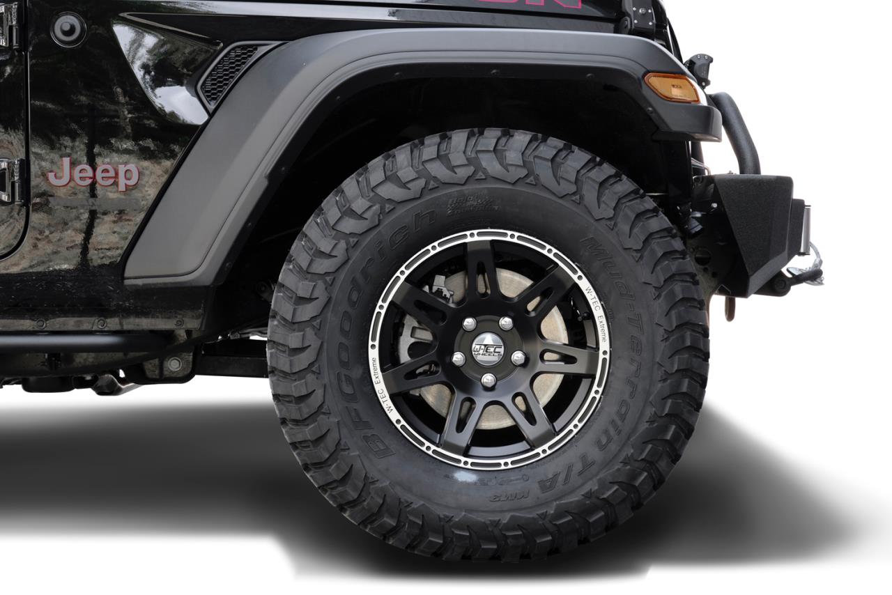 Kompletträder W-TEC Extreme 8,5x17 schwarz-silber mit Reifen 35x12,5R17 BF Goodrich Mud Terrain passend für Jeep Wrangler JK (2007-2017)