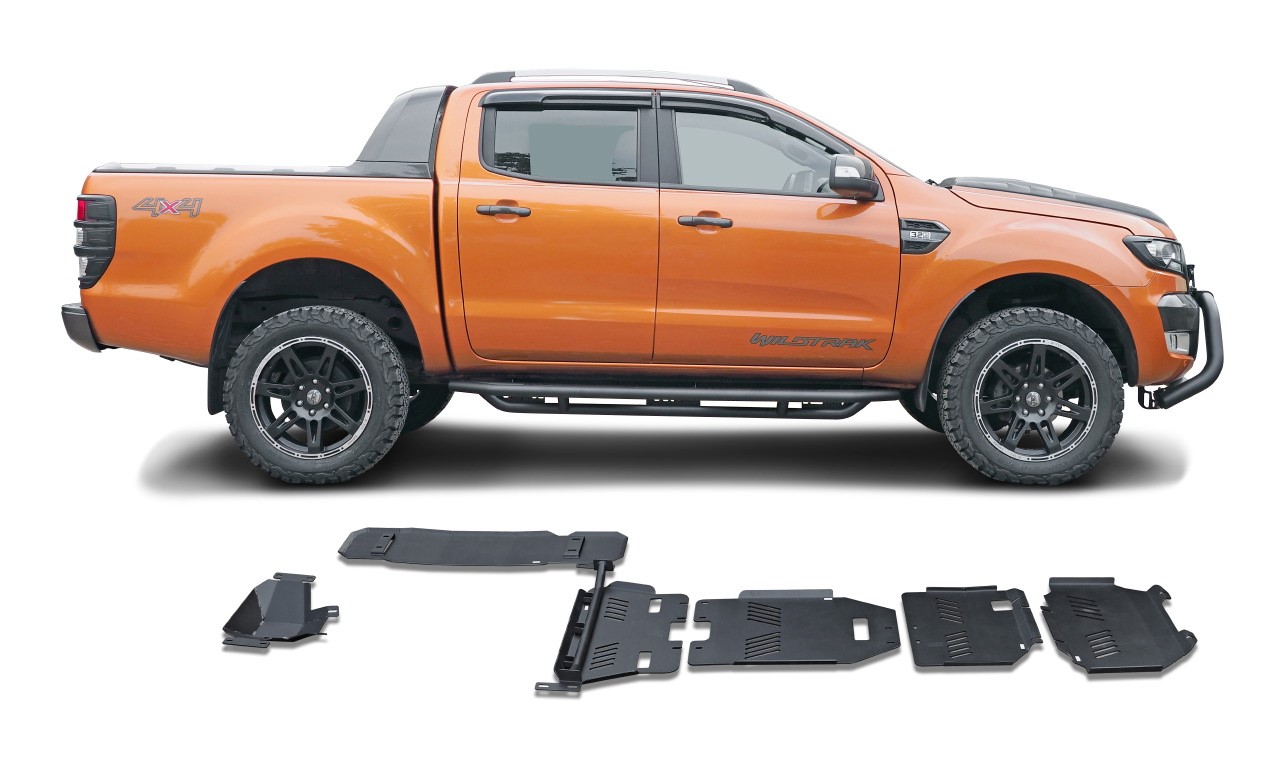 6-piece Black Stealth aluminum underride protection suitable for Ford Ranger (2012-2018).