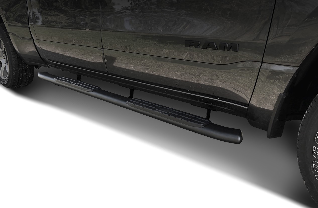 4" black textured powder coated sidebars suitable for Dodge Ram Crew Cabine (2019-)